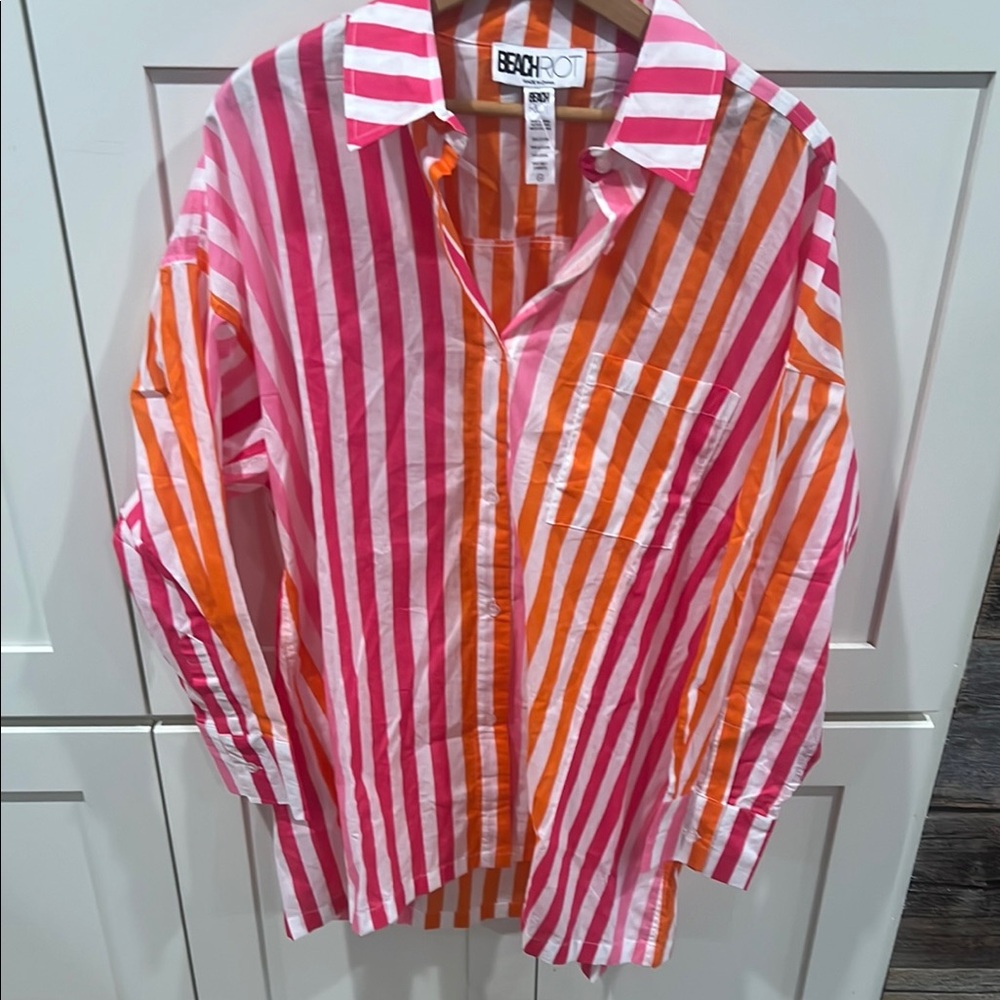 BEACH RIOT Alexa Stripe Long Sleeve Cover-Up Shirt Sunset Stripes Size L/XL - Picture 5 of 7